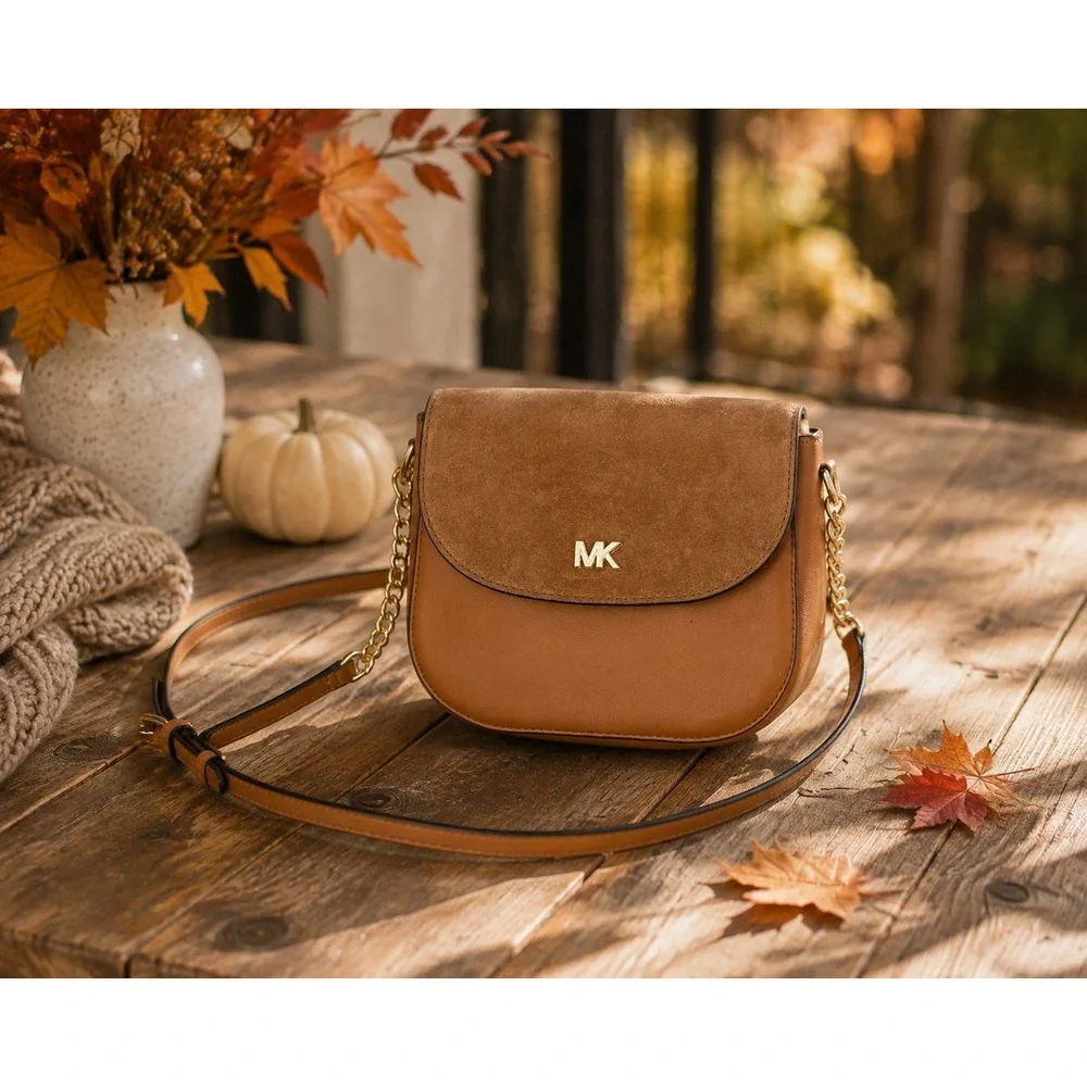 Michael Kors Tan Leather Suede Saddle Crossbody Bag Gold Chain Logo Brown Small